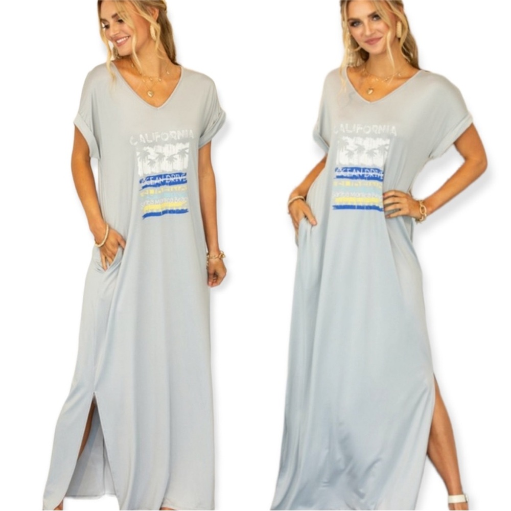 NEW Light Gray Maxi Dress or TeeShirt Dress “California Ocean Surfing”